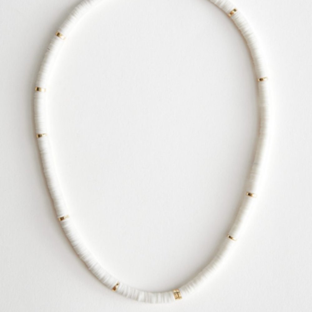 White Resin Beaded Necklace with Gold-Toned Accents